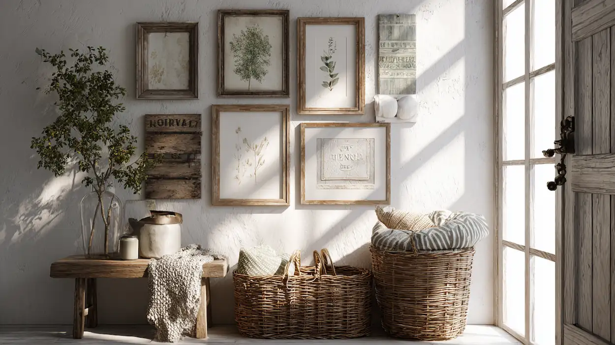 A cozy farmhouse wall decorated with warm wood, vintage accents, and soft natural light.