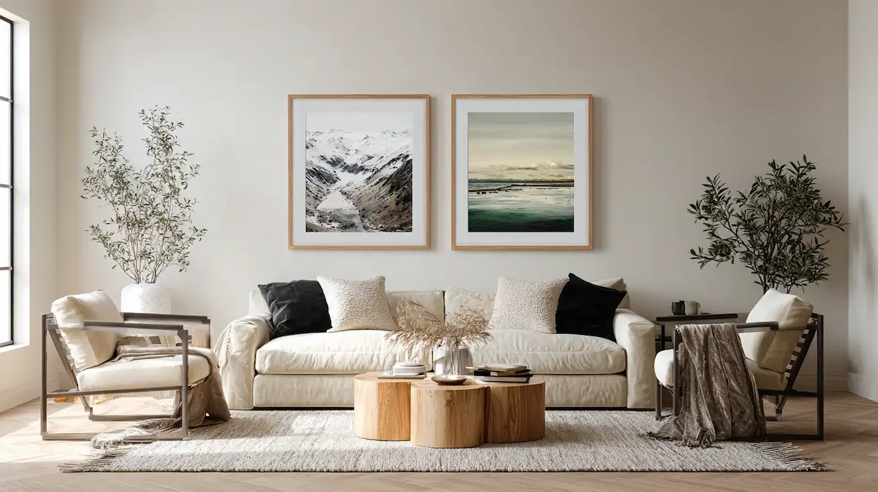 Living room wall showing 11x14 and 16x20 framed art side-by-side to compare sizes