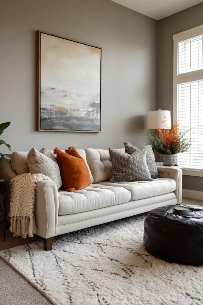 Large 16x20 art centered above sofa in modern living room