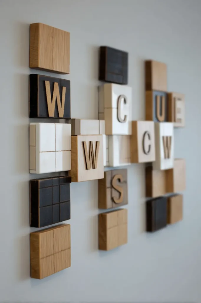 A modern Scrabble wall arrangement showcasing a family name in a clean and graphic style.