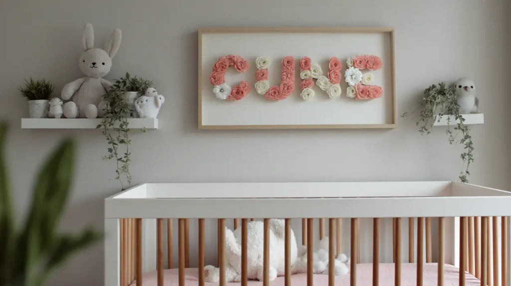 A calm nursery wall decorated with a simple and minimalist baby name art in soft natural light.