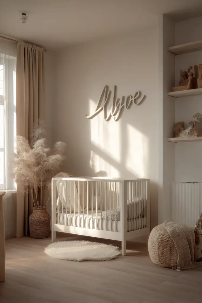 A nursery wall where the baby’s name is seamlessly integrated into the overall room design.