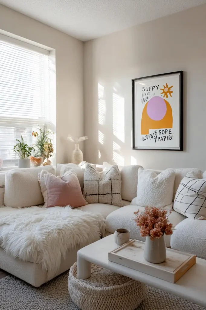 Living room wall featuring funny quote wall art that adds warmth and personality.