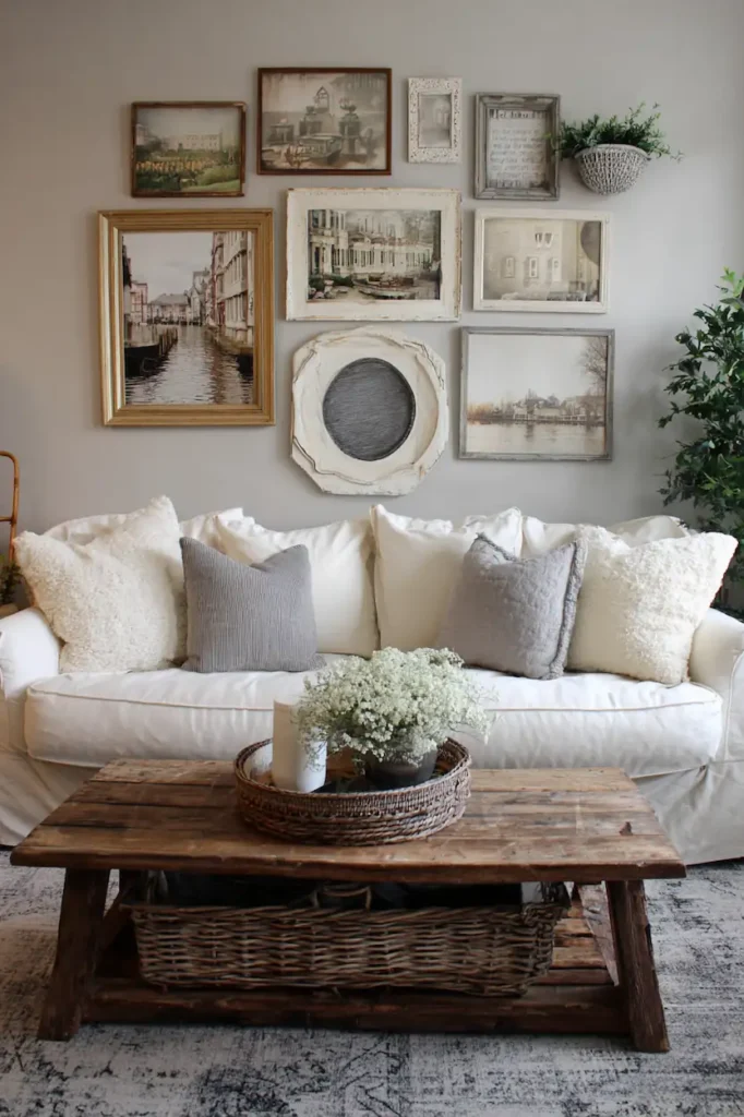 Collected farmhouse wall decor ideas above the couch with vintage-inspired frames