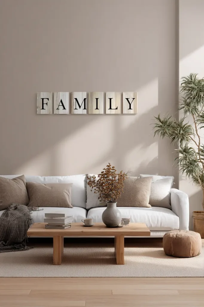 A minimalist living room wall displaying modern family name wall art that creates a sense of shared identity.