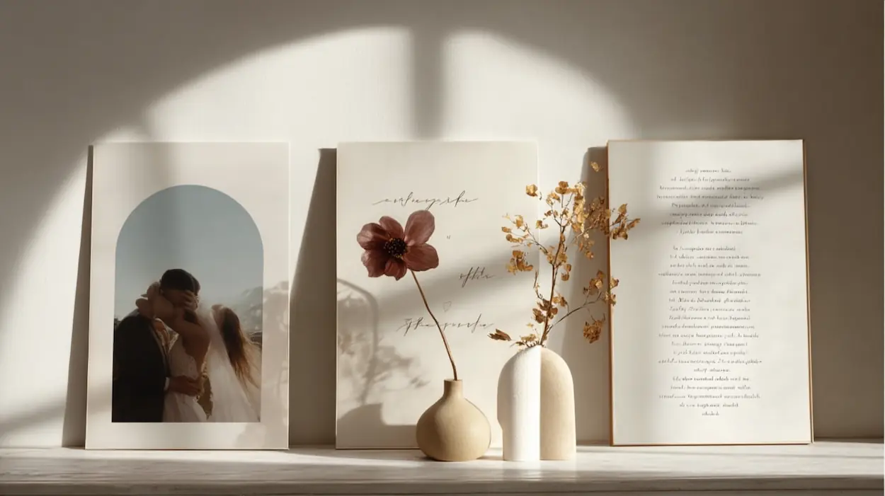 Elegant wedding and anniversary wall art creating a warm, romantic atmosphere in a modern interior.