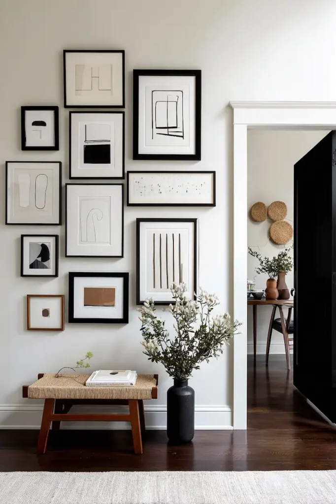 Gallery wall showing alignment without perfect symmetry for visual balance