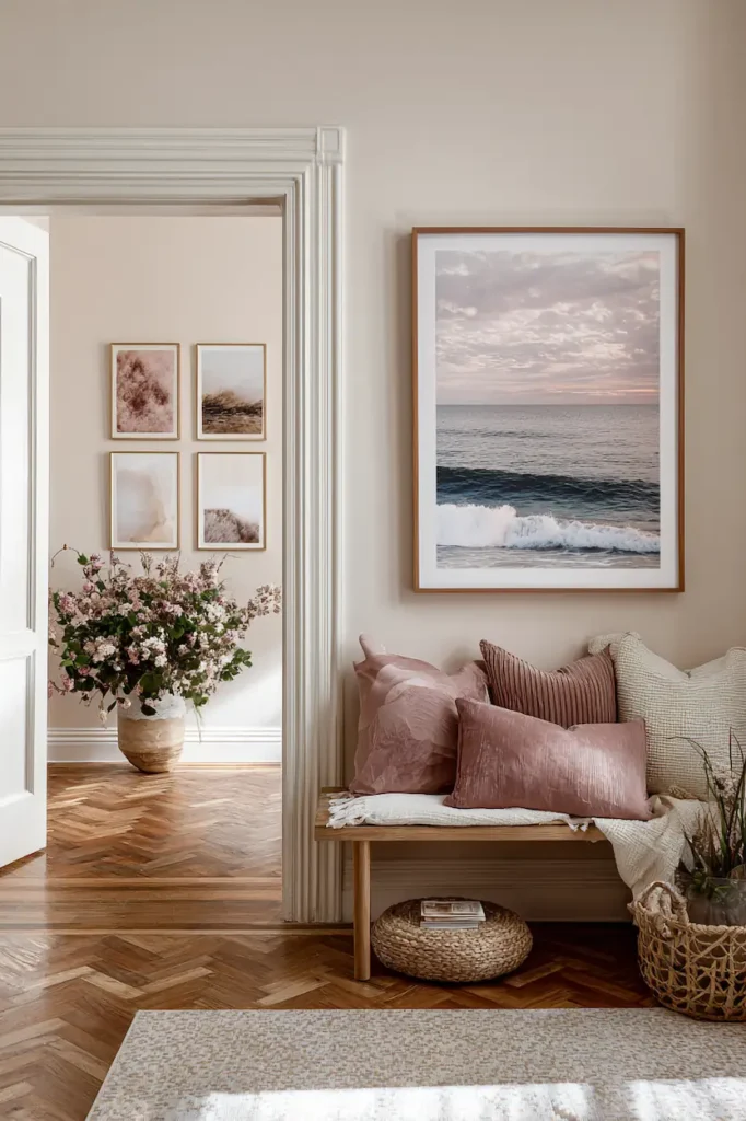 Printable wall art naturally integrated into a real interior with soft light and relaxed styling.