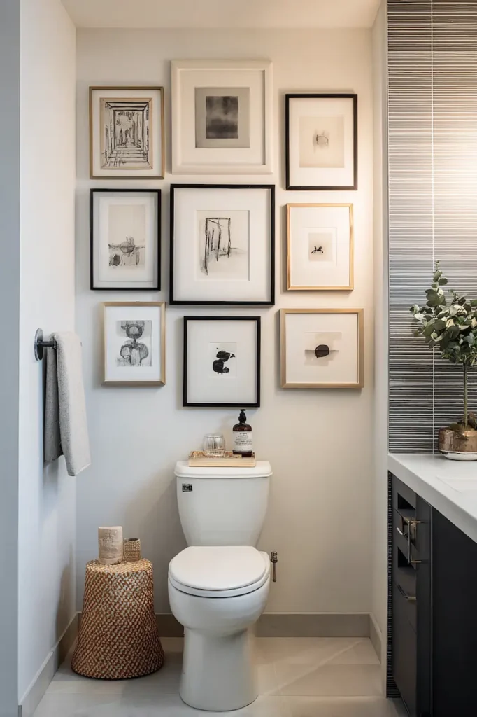 Gallery wall cluster above toilet in stylish bathroom