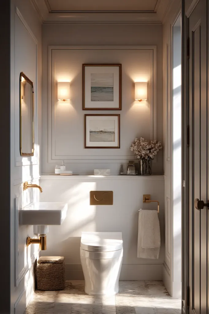 Wall decor above the toilet enhanced by soft lighting and natural shadows