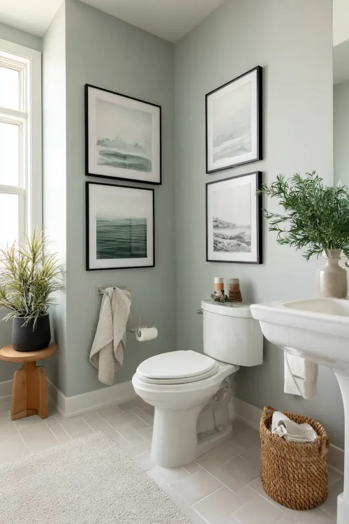 Soft neutral and muted color wall art above the toilet in a calming bathroom