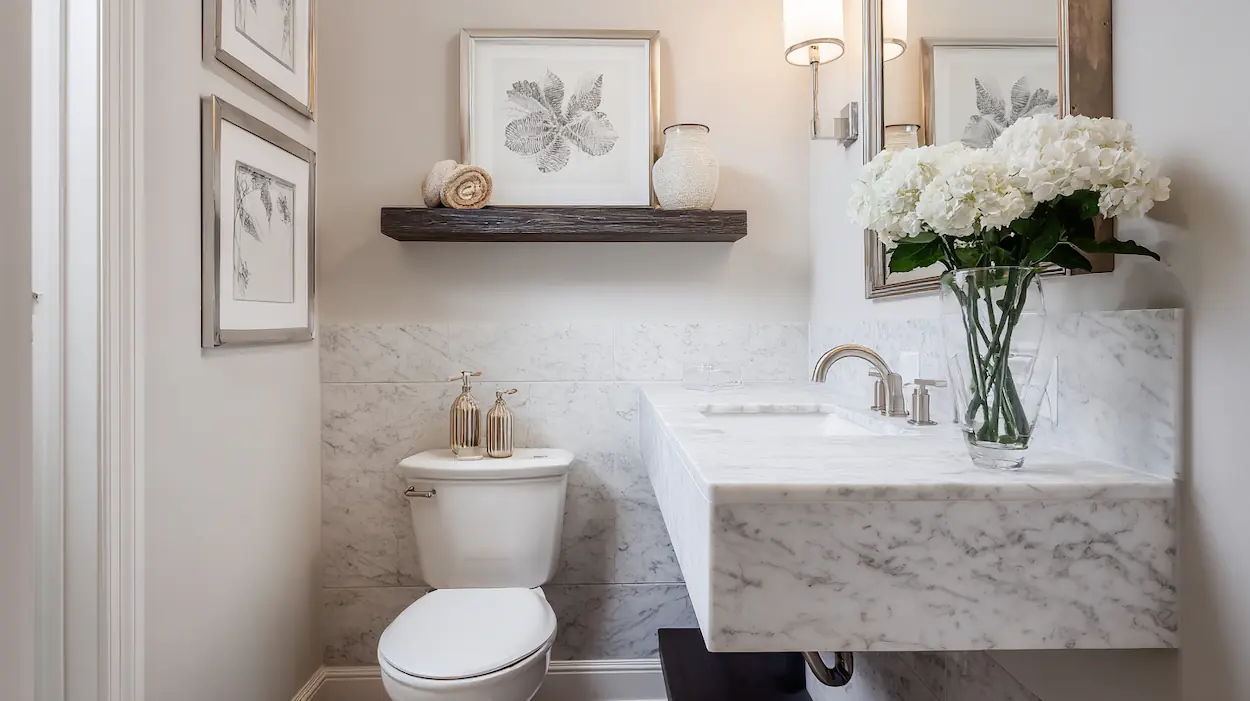 Bathroom wall decor above the toilet with shelf and framed art in a neutral spa-like bathroom