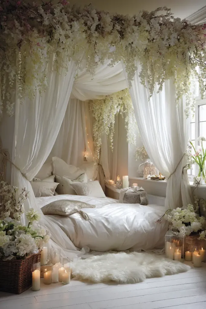 Bedroom wedding wall decor with soft colors creating a calm and intimate atmosphere.