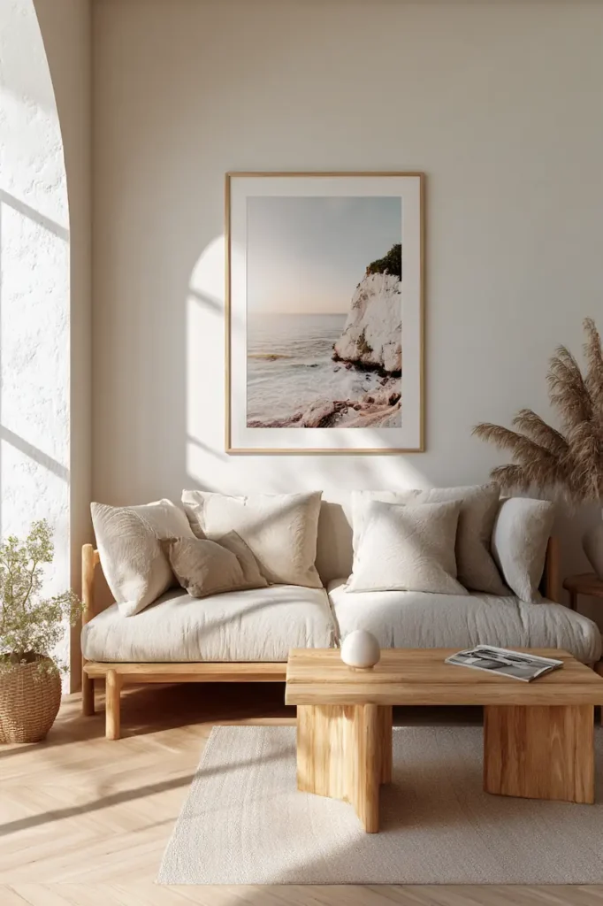 Best poster sizes for frames shown in a balanced living room wall setup
