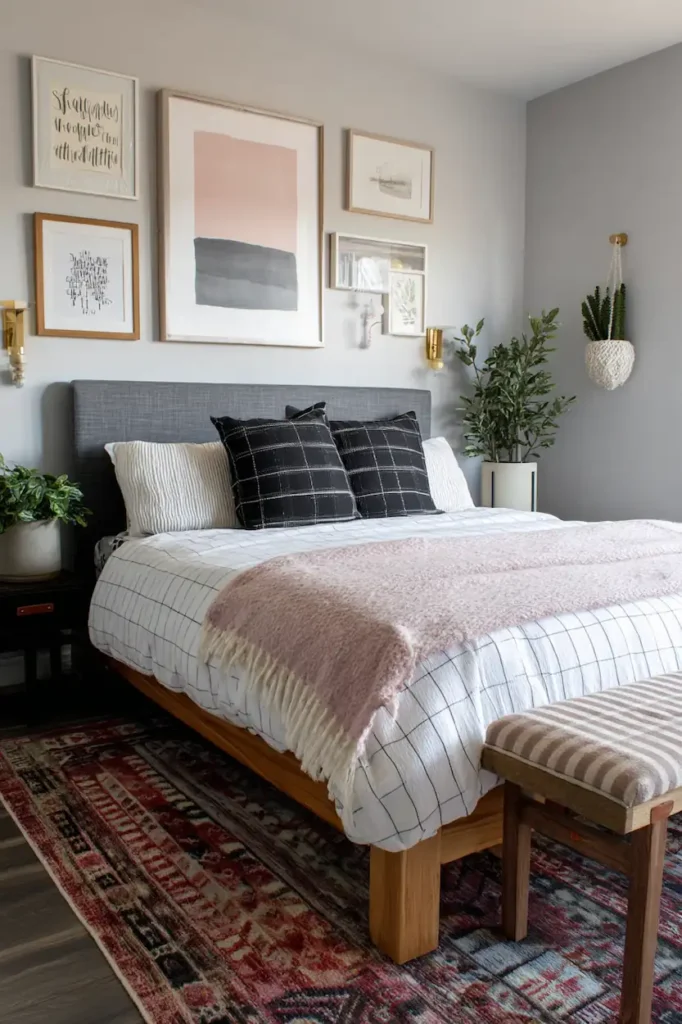Neutral wall decor above the bed with calm textures