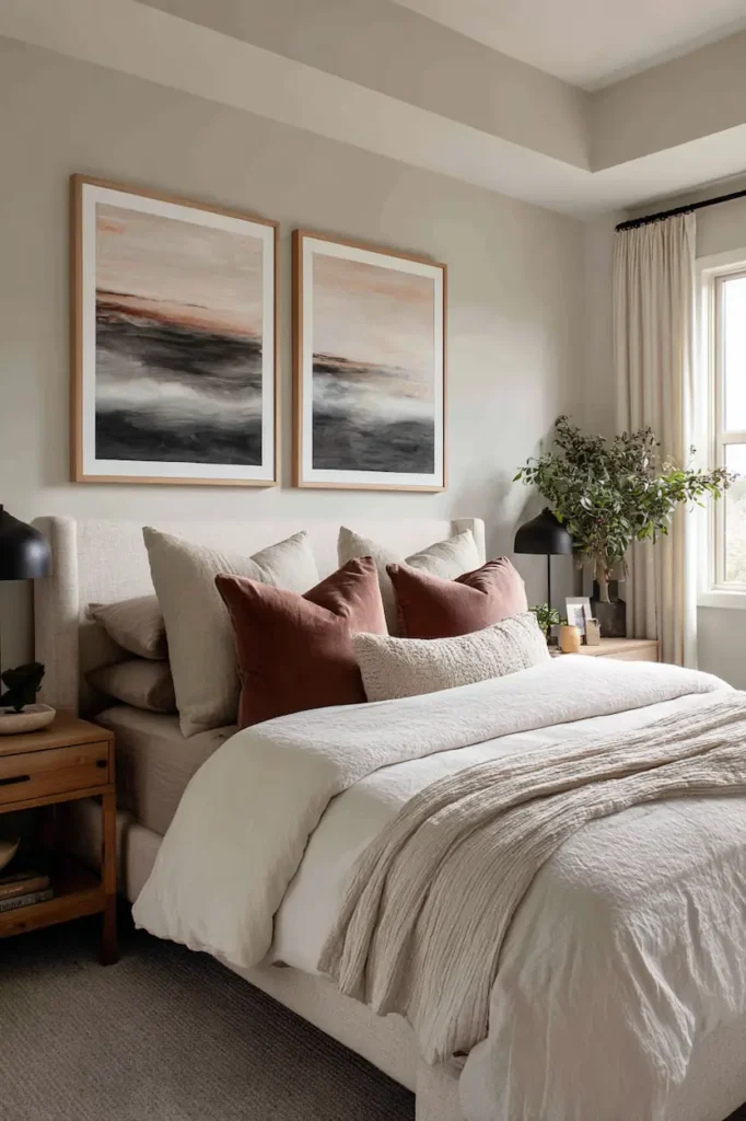 Diptych wall decor above the bed in a calm bedroom