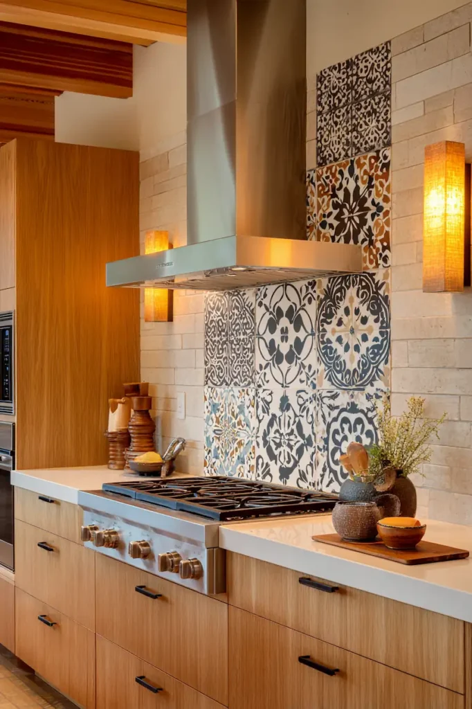 Patterned ceramic tiles as heat-safe wall decor above the kitchen stove.