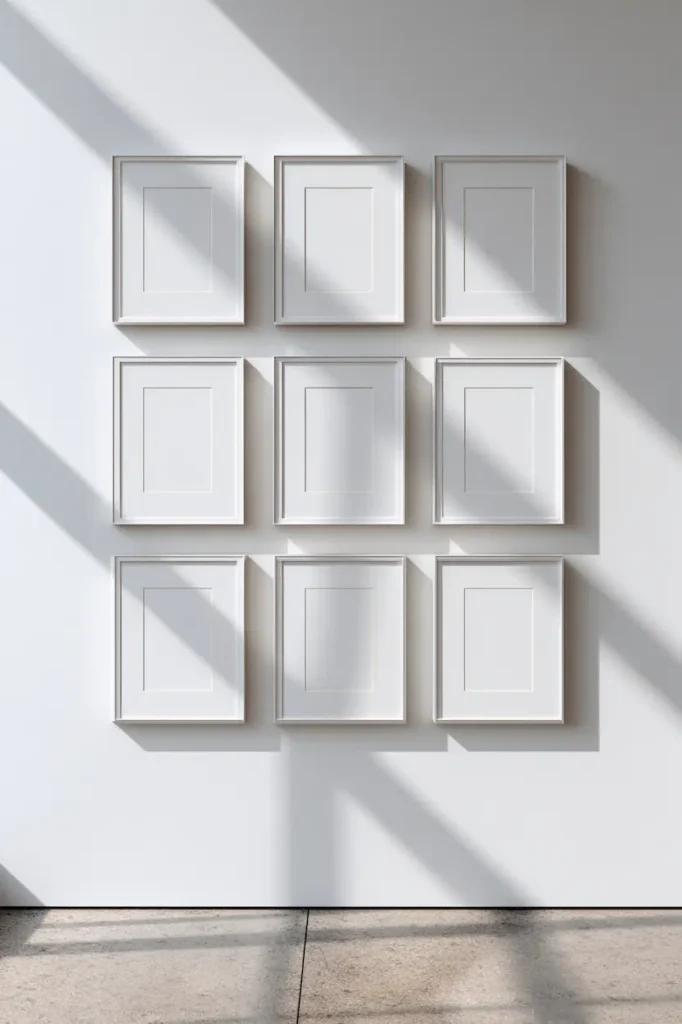 Equal spacing in a gallery wall creating an editorial and minimalist look