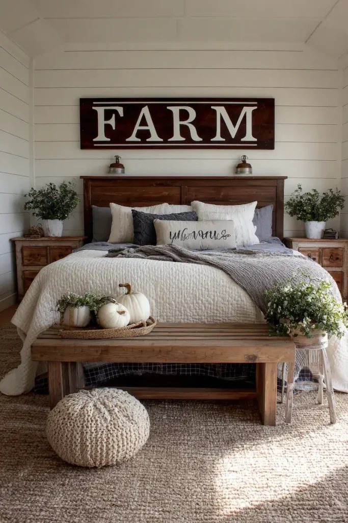 Rustic farmhouse sign above the bed with warm wood tones and neutral decor