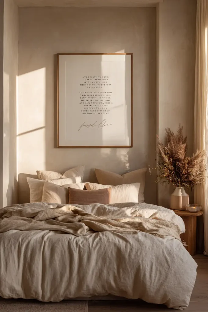 Framed wedding vows wall decor placed above the bed in a calm and romantic bedroom.