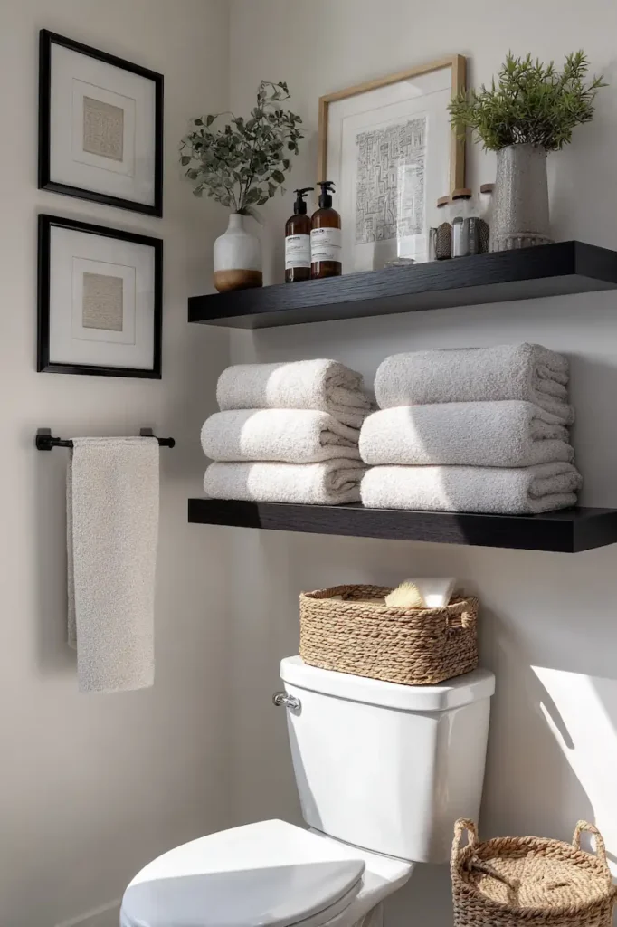 Functional bathroom wall decor above the toilet with floating shelves and towel storage
