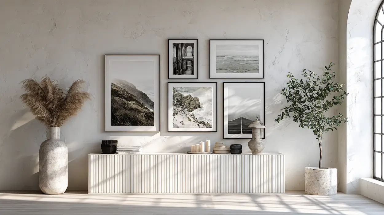 Gallery Wall Frame Size Guide showing how to mix frame sizes for a calm, modern interior wall.