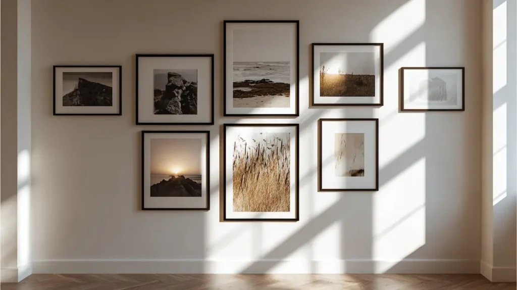 Equal spacing in a gallery wall creating an editorial and minimalist look