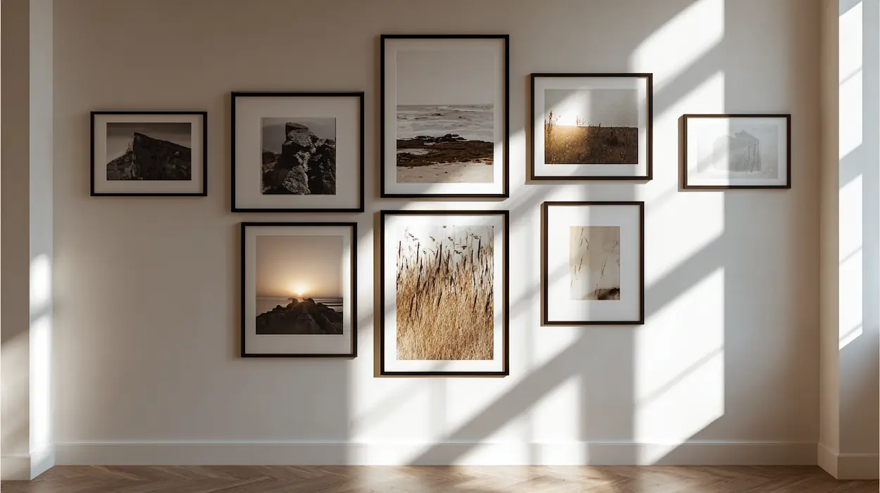 Equal spacing in a gallery wall creating an editorial and minimalist look