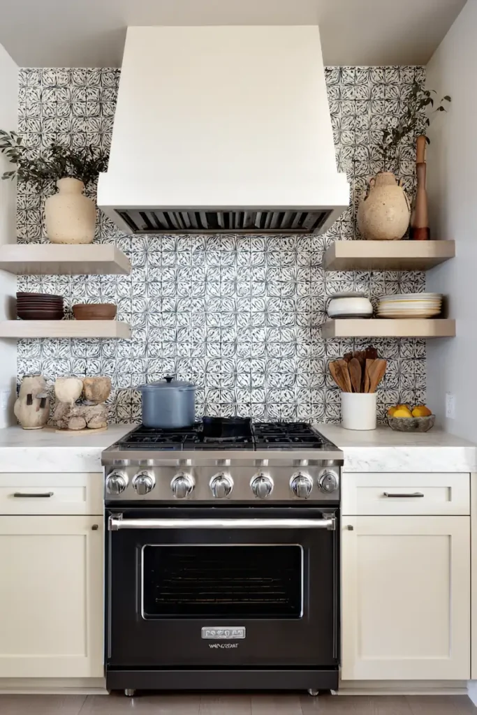 Graphic patterned tile inset as kitchen wall decor above the stove.
