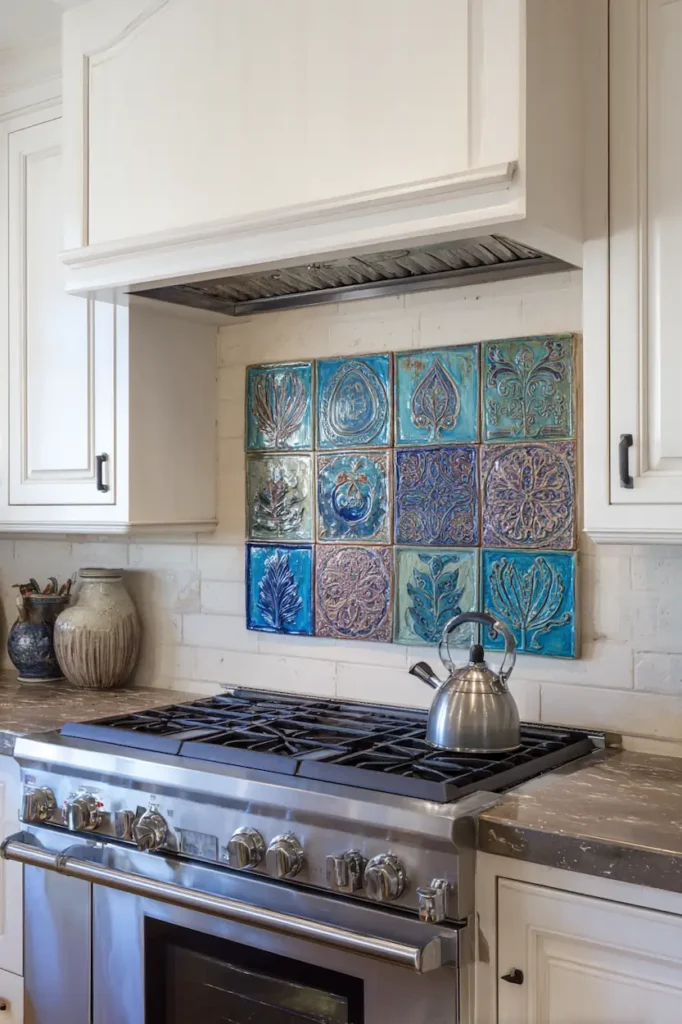 Artistic ceramic plaques as kitchen wall decor above the stove.