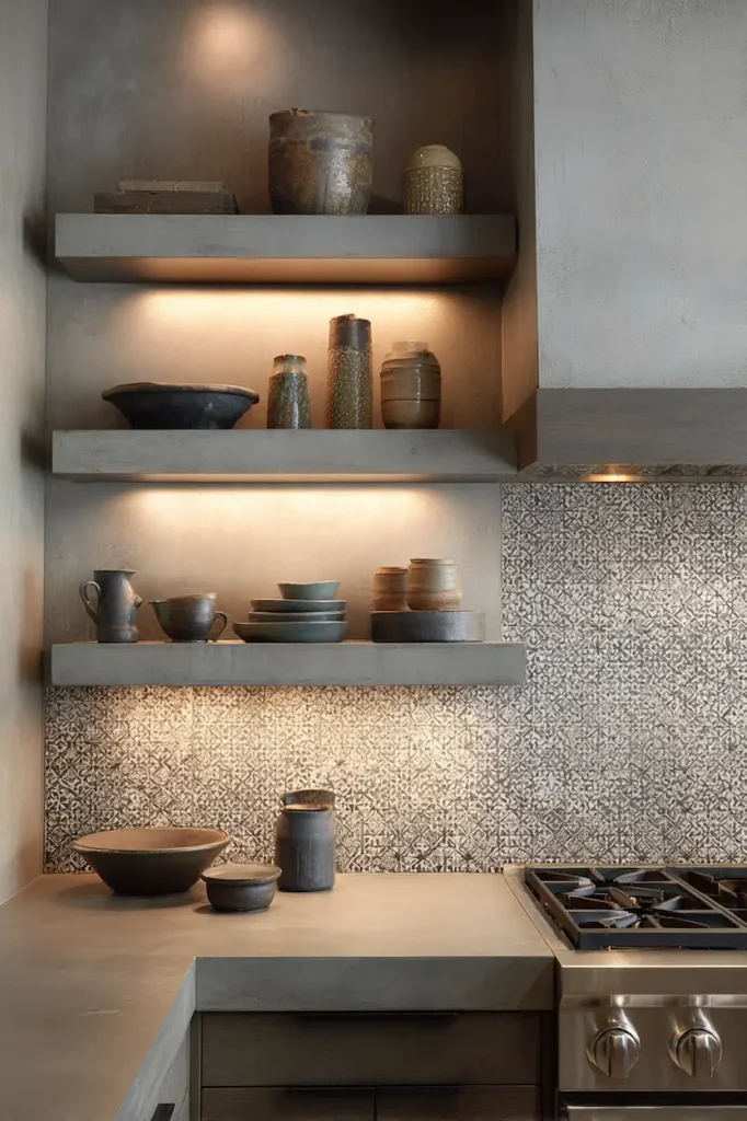 Concrete floating shelves with heat-safe decor above a kitchen stove.