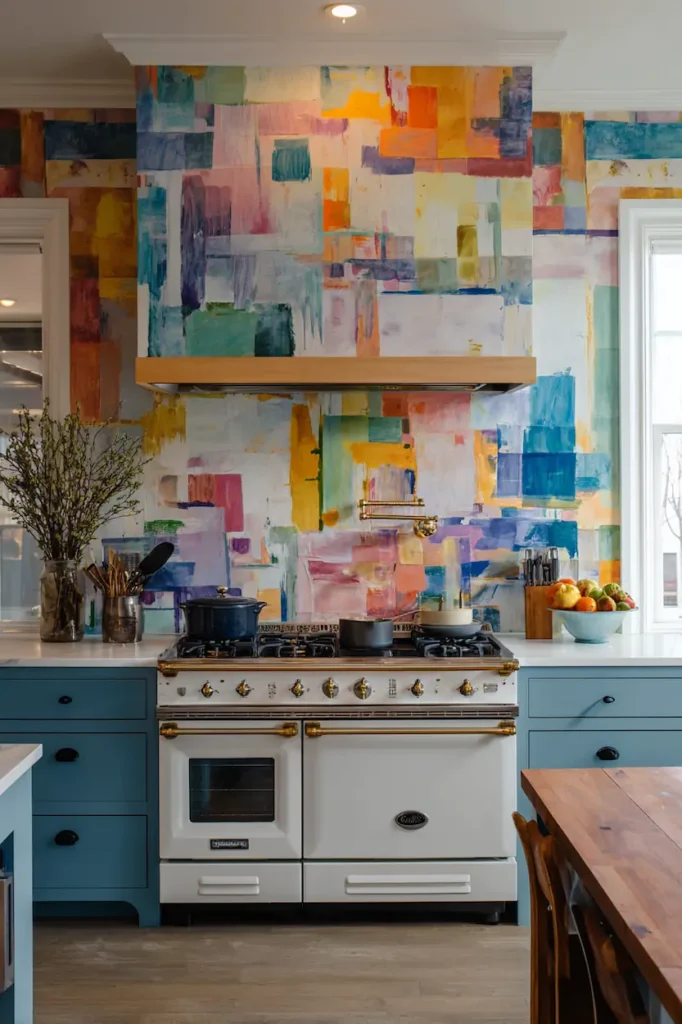 Abstract high-temperature paint mural above the kitchen stove.