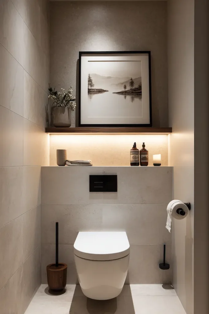 Horizontal framed wall art above toilet with minimal accessories