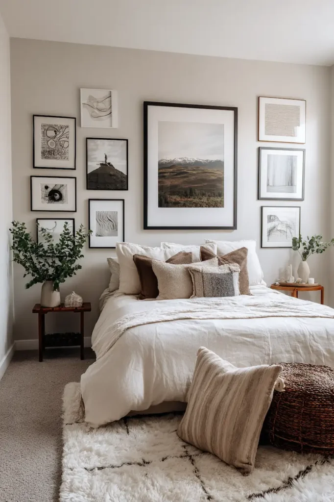 Gallery wall with large dominant frame and mixed sizes