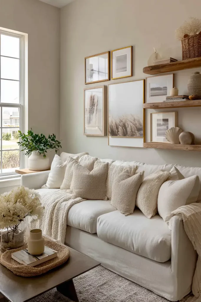 Layered farmhouse wall decor above the couch with frames and soft textures