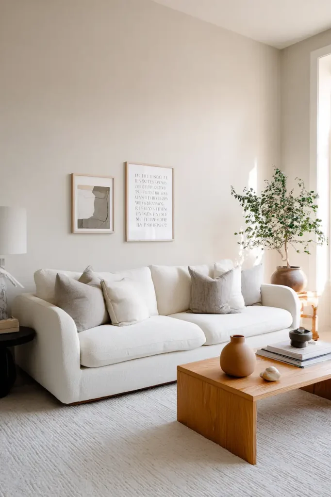 Large custom quote wall art balanced with empty space in a modern interior.