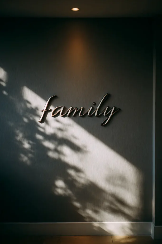 Minimalist family name typography on a wall creating a calm and emotional focal point.