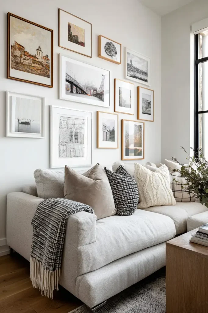 Gallery wall with medium frame sizes creating visual balance