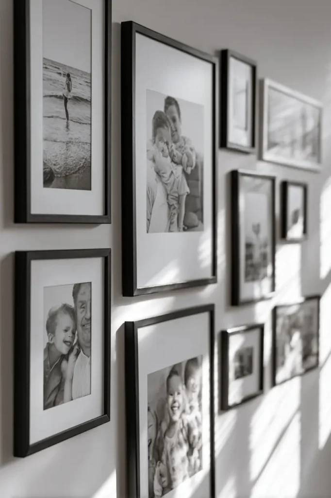 A modern family photo wall with softly spaced frames creating a serene and uncluttered look.
