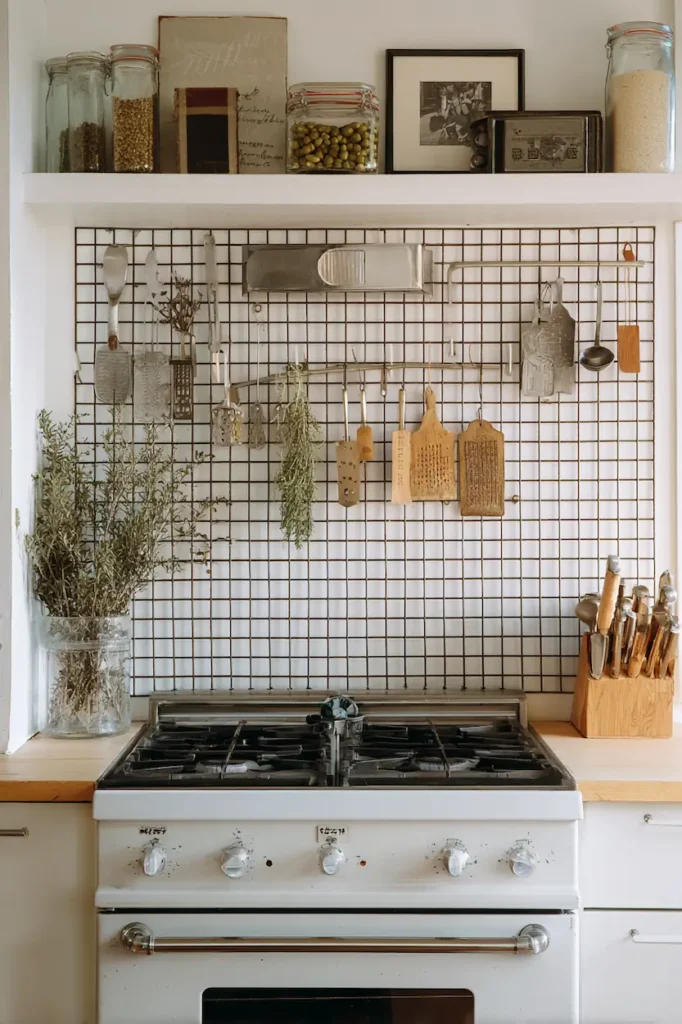 Metal grid panel used as decorative piece above kitchen stove.
