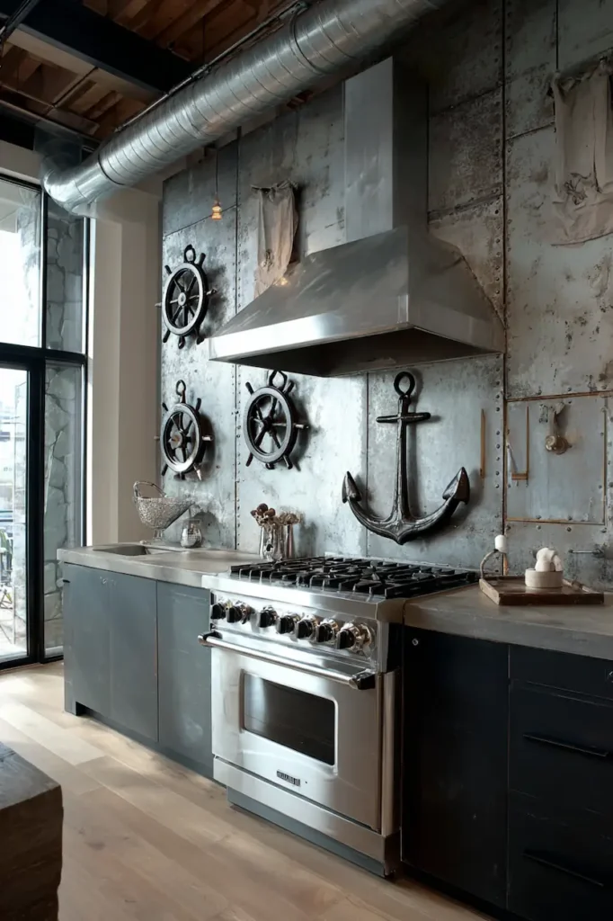 Heat-tolerant metal wall art mounted above a kitchen stove.