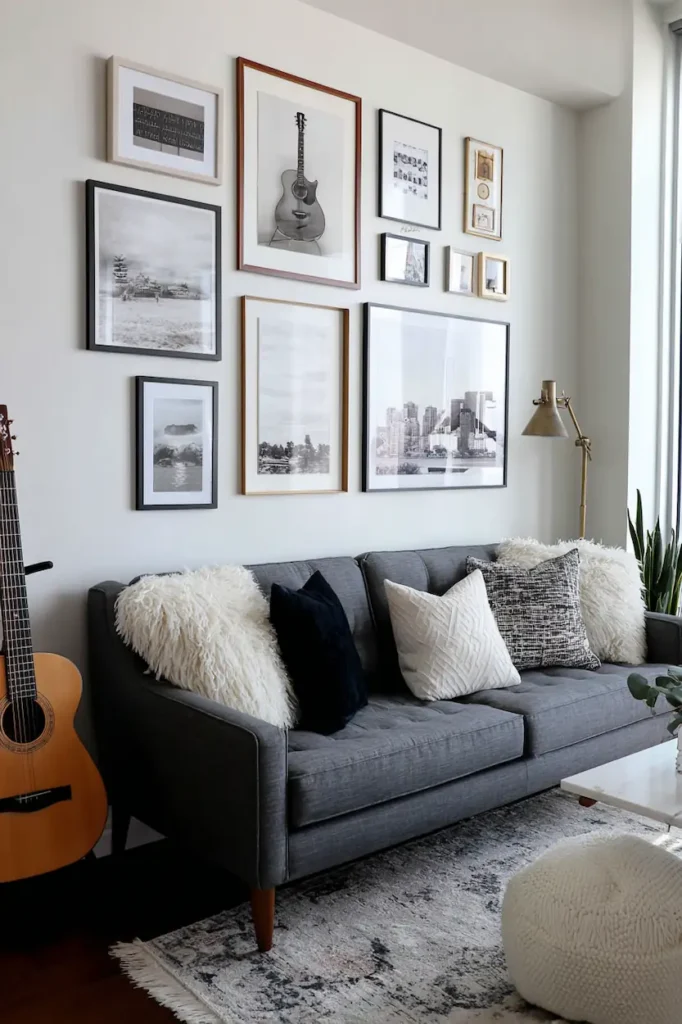 Gallery wall mixing vertical and horizontal frame orientations