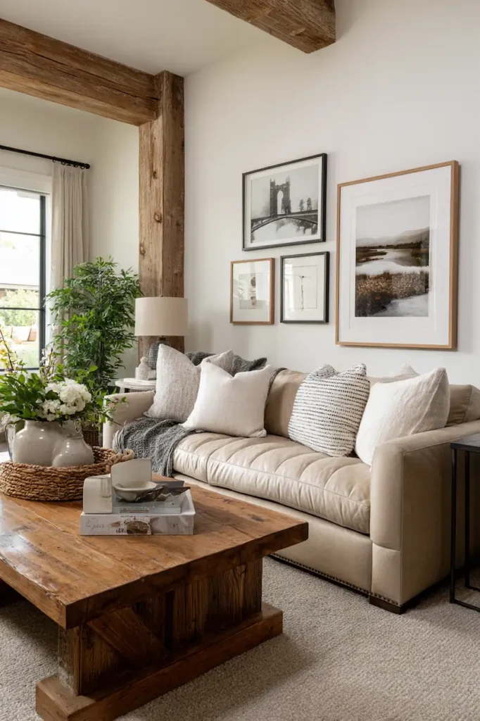 Modern farmhouse wall decor above the couch with a large neutral artwork in warm natural light