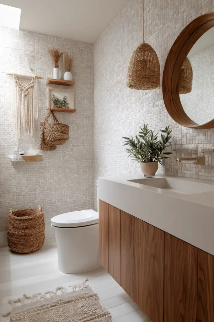 Natural texture wall decor above the toilet with woven baskets and wood accents in a warm bathroom