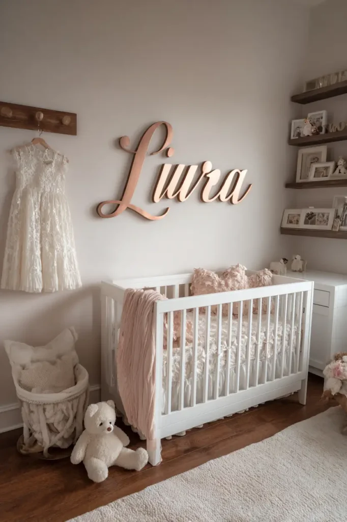 A minimalist nursery wall transformed with soft and simple baby name wall art in natural light.