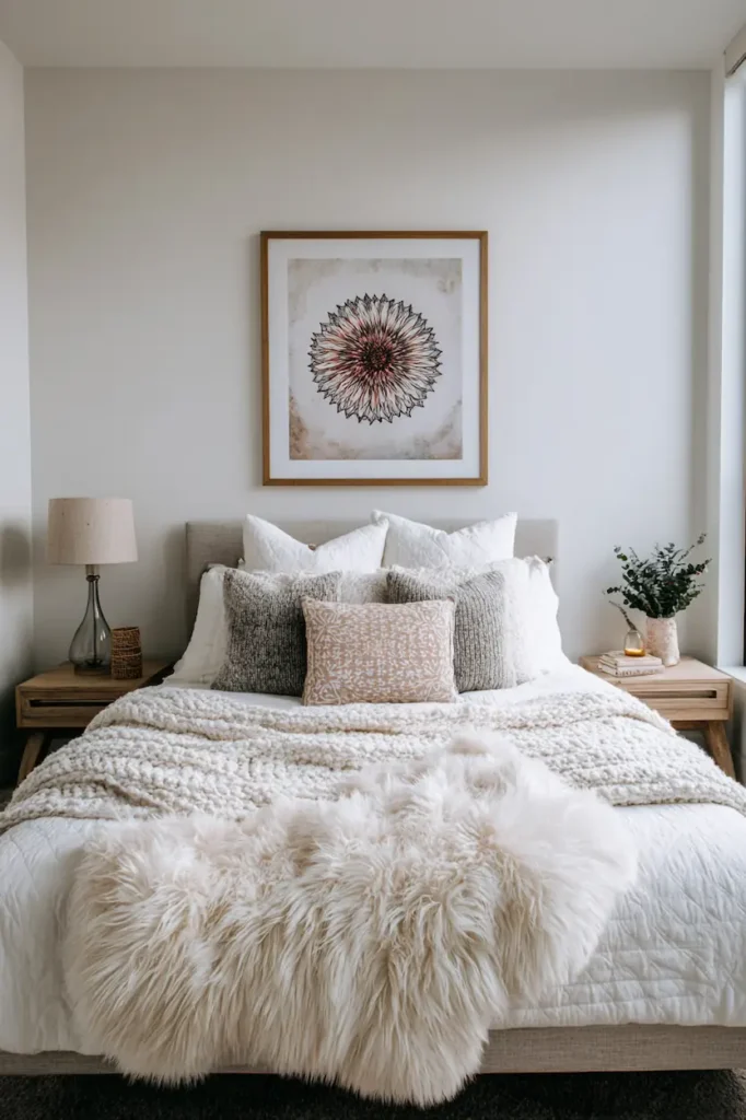 Aligned wall decor above the bed creating visual balance