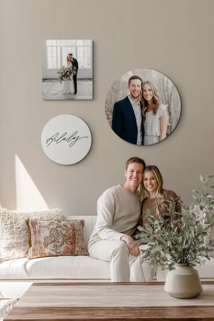 Personalized wall art with couple names displayed in a modern and neutral home interior.
