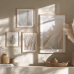 Modern interior wall displaying printable wall art sizes A4, A3, 11x14 and 16x20 in balanced composition