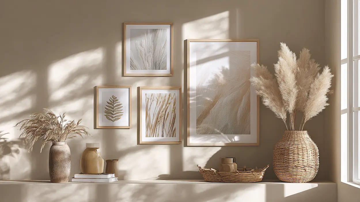 Modern interior wall displaying printable wall art sizes A4, A3, 11x14 and 16x20 in balanced composition