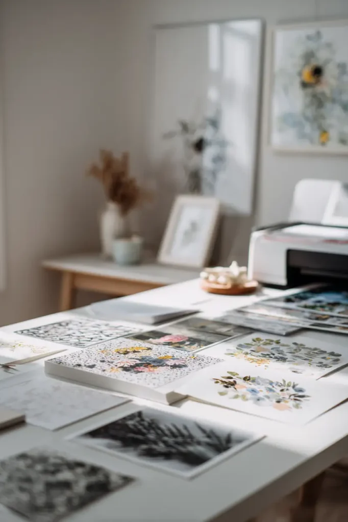 Printable wall art paper samples shown with an inkjet printer, illustrating how printer type affects paper choice and final print quality.